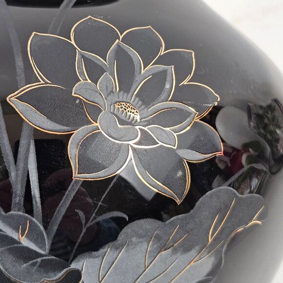 Black Painted Glass Vase Etched Lotus Floral Gold Detail Asian Art Style 10in - Picture 2 of 10